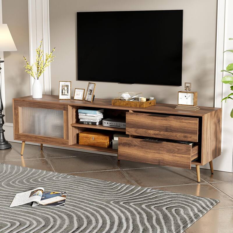 Modern TV Stand Media Console, for 75"+ TVs with 2 Glass Doors, 2 Drawers and Storage Cabinet, for Living Room, Bedroom