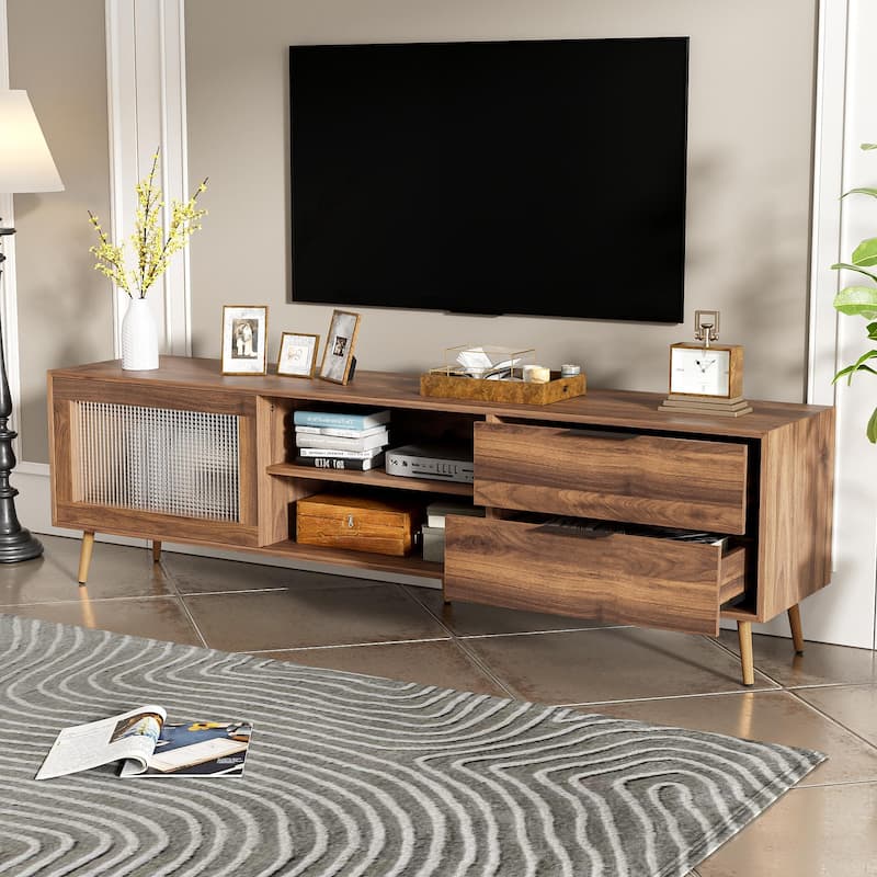 Modern TV Stand for 75"+ TV, Livingroom Media Cabinet TV Console Table, Translucent Glass Sliding Door TV Cabinet with 2 Drawers