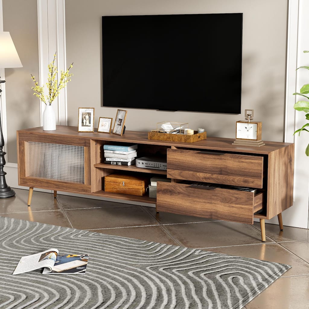 Solid Wood 2 Drawers TV Stand Media Console Table with Sliding Doors