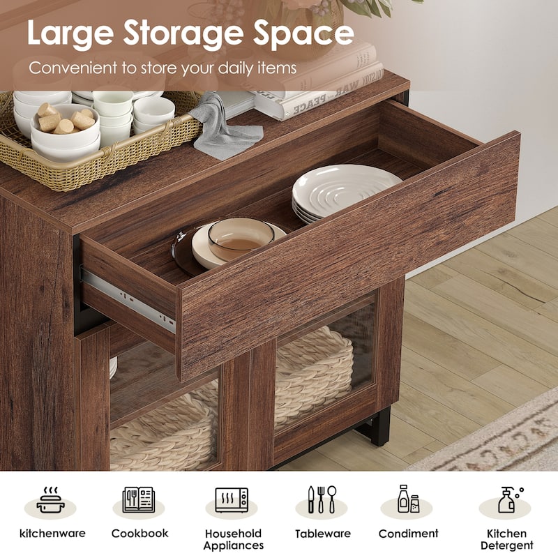 WAMPAT Multifunctional Sideboard Buffet Cabinets with 6 Glass Doors and Drawers, Modern Sideboard, Coffee Bar Storage Cabinet