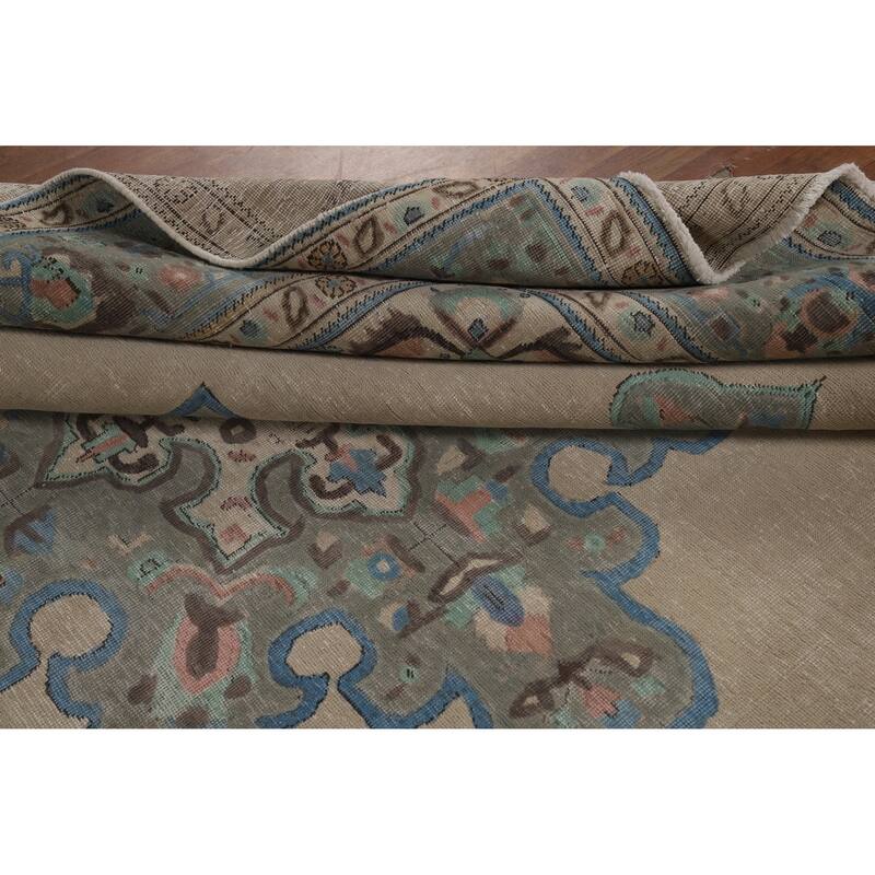 Geometric Beige Tabriz Persian Vintage Rug Hand-Knotted Wool Carpet - 8'3" x 11'0"