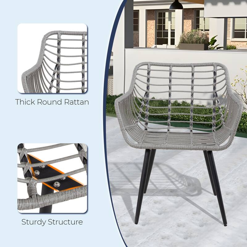 5-Piece Outdoor Wicker Bistro Chairs Set with 2 Armchair, 2 Ottoman, and Glass Coffee Table
