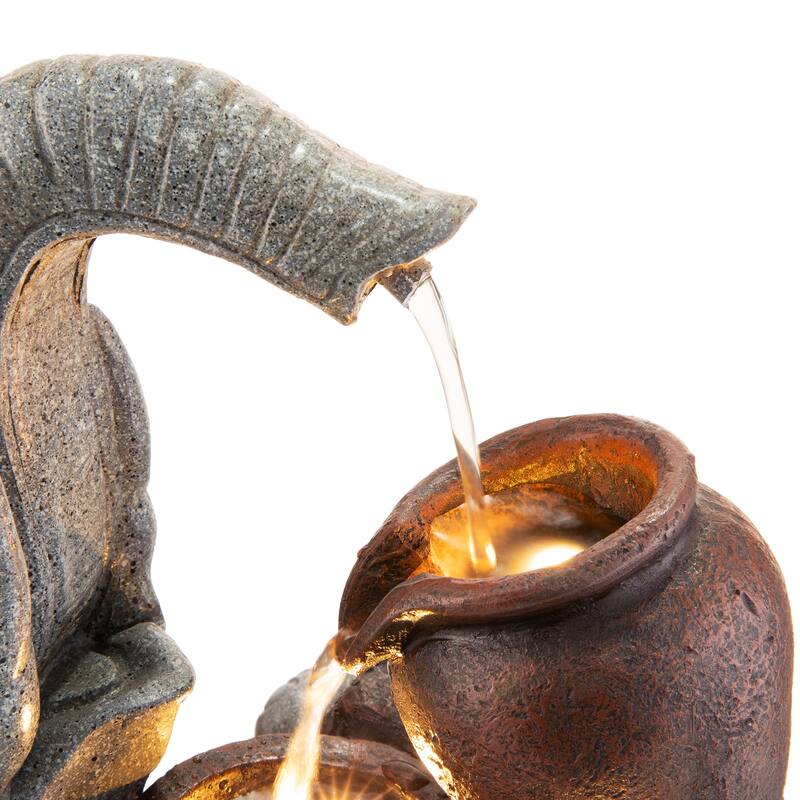 Glitzhome 4-Tiered Dogs or Elephant and Pot Polyresin Outdoor Fountain with Pump and LED Light