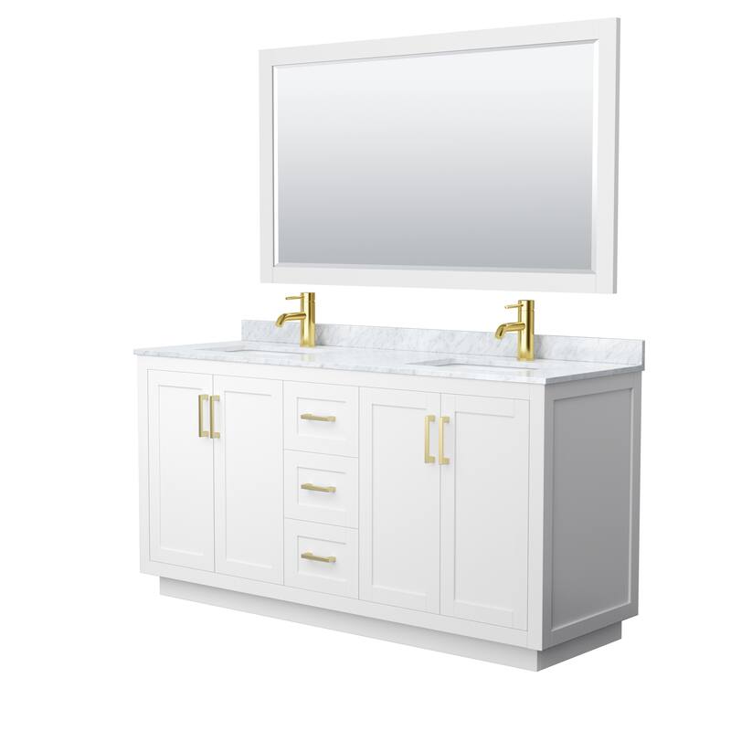 Miranda Bathroom Vanity Set, White Carrara Marble Top, 58-Inch Mirror - 66-Inch Double - White, Gold Trim, White Carrara Marble Top