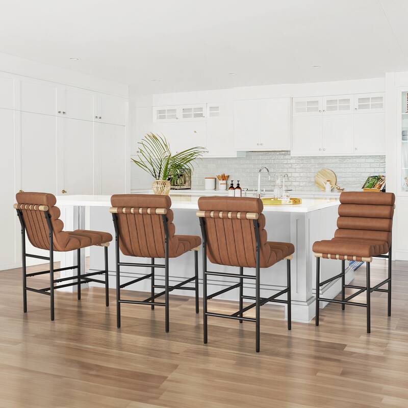 Set of 4 26.in Modern Upholstered Counter Height Bar Stool with Ribbed Backrest and Solid Wood & Metal Frame