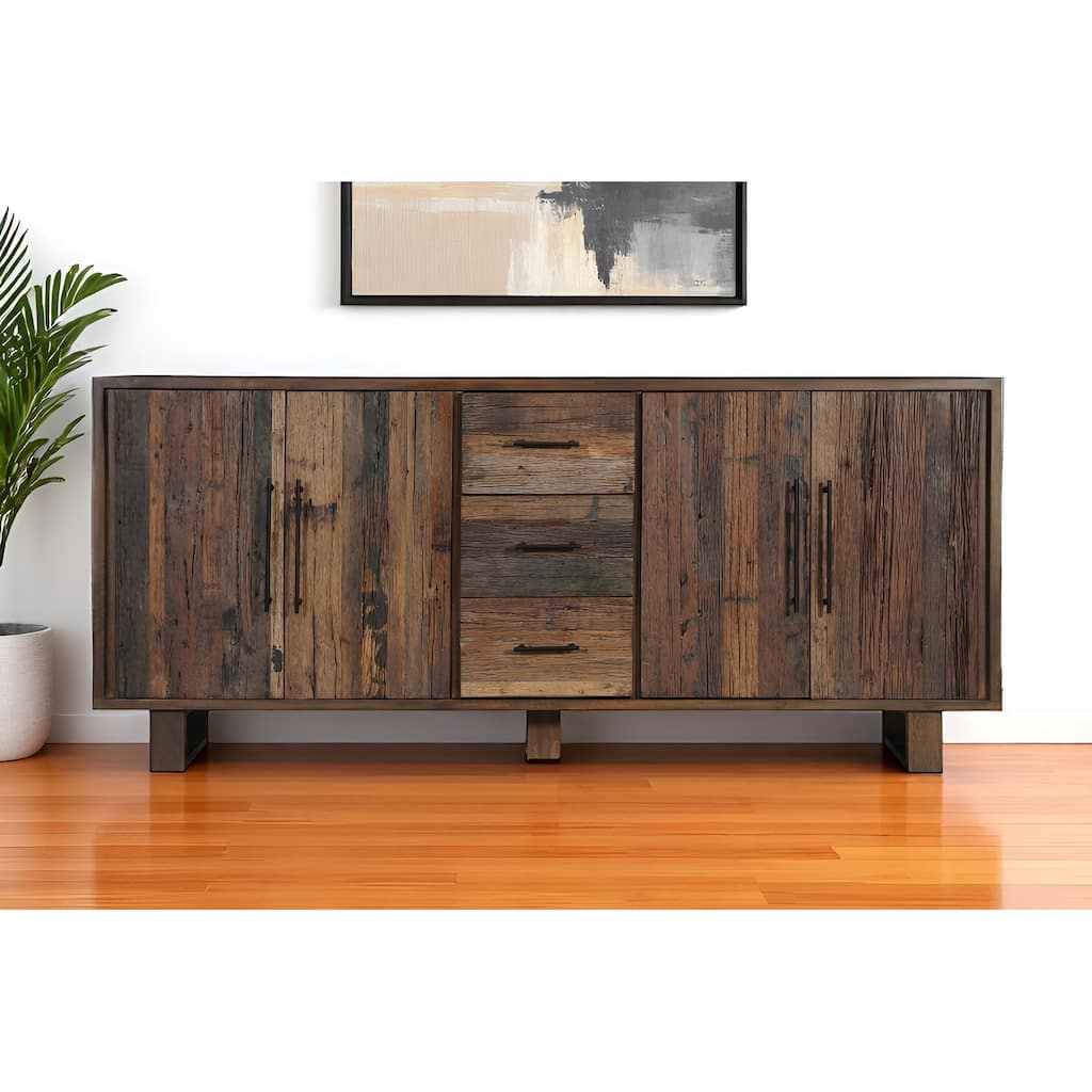 HomeRoots 83" Dark Brown Distressed Reclaimed Wood Three Drawer Sideboard with Four Doors - 83.00 in. x 36.00 in. x 16.00 in.