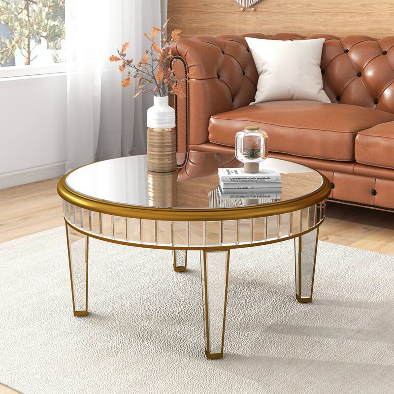 Round Coffee Table Mirror Accent Table - Antique Gold