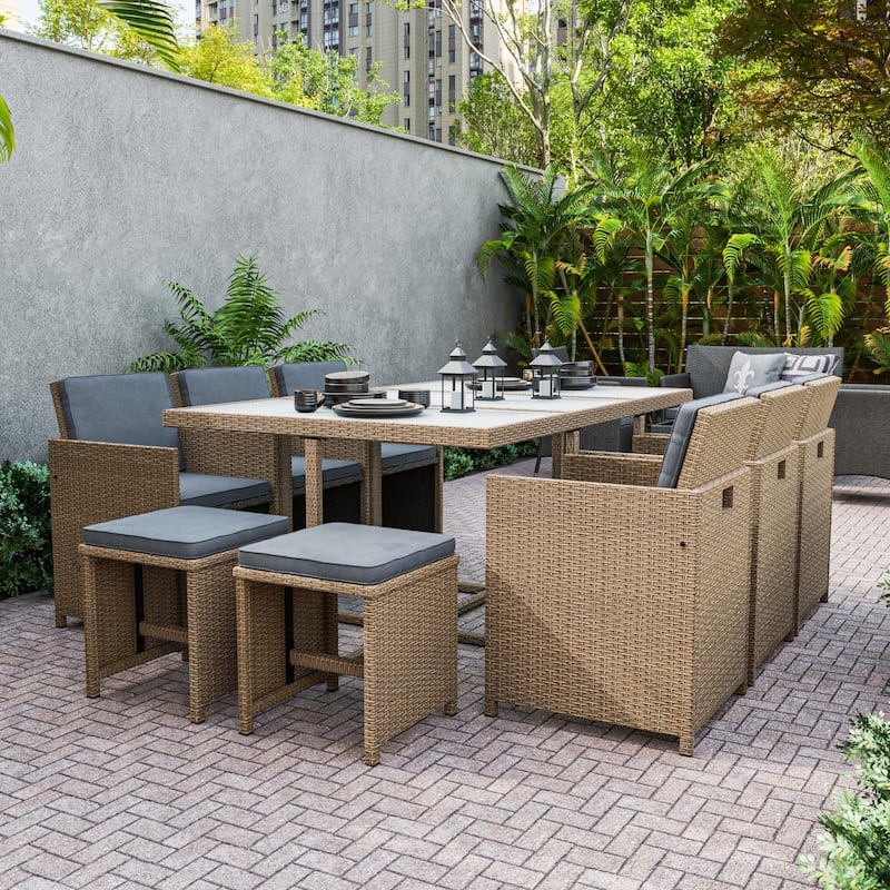 Liyana Transitional Compact Wicker and Glass 11-Piece Outdoor Dining Set by M&L Co.