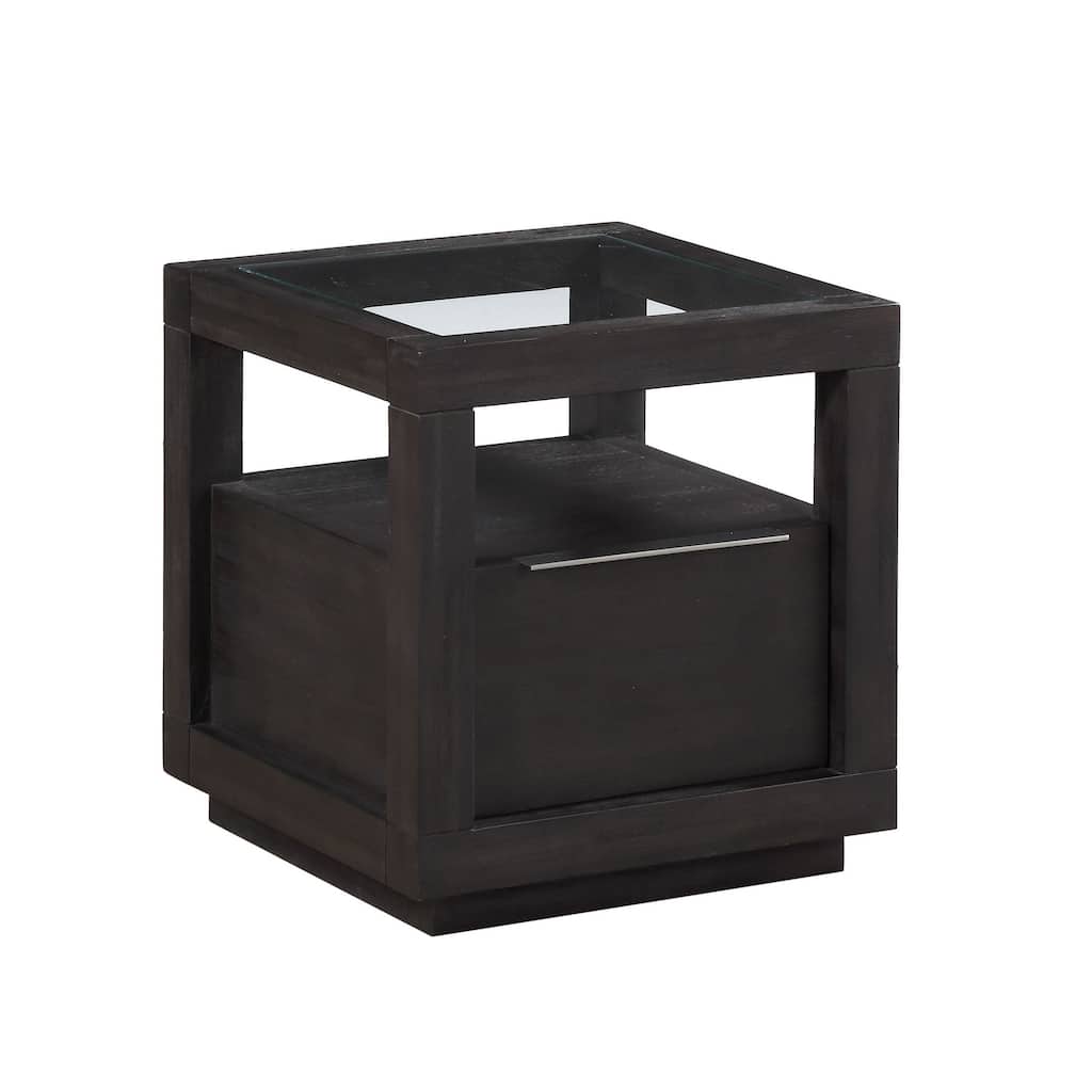 Acacia Wood End Table with Glass Insert Tabletop, Gray