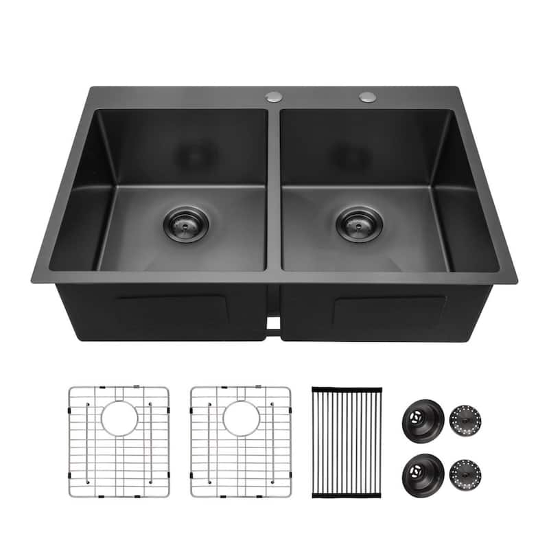 Lordear Gunmetal Black Drop-in Kitchen Sink Double Bowl