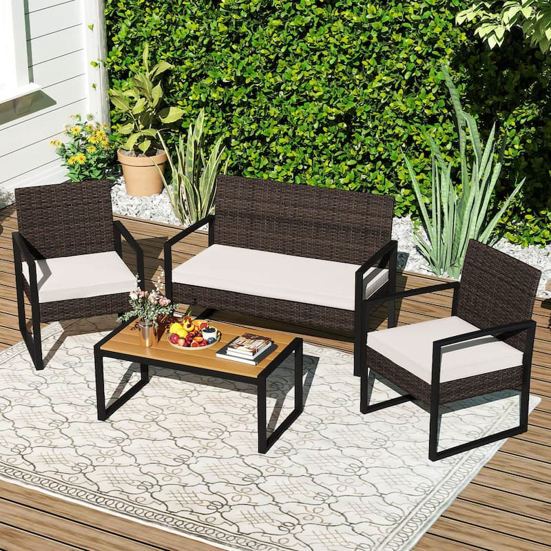 Costway 4 Piece Patio Furniture Set with Cushioned Chairs & Wood - See Details - Mix Brown+Off White - See Details