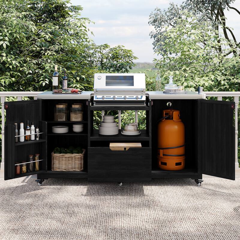 66.5" Kitchen Island Grill Cart for Big Green Egg & Kamado Joe, Solid Wood Cart with Stainless Steel Top, Drawer for Dining Room