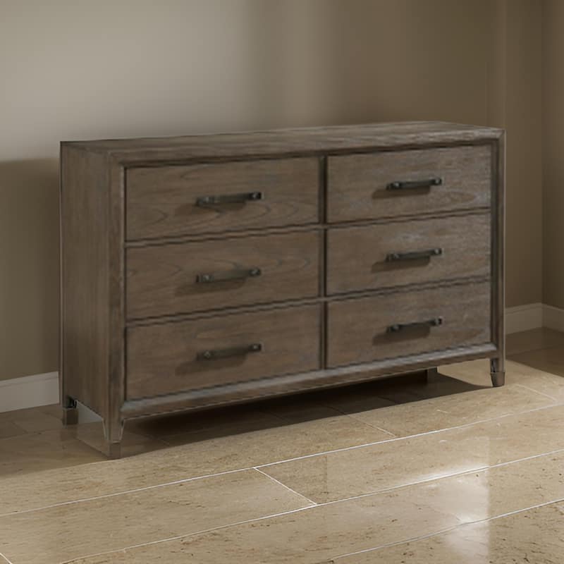 Wyn 62 Inch Wide Dresser, 6 Drawers, Nickel Handles, Brushed Walnut Brown