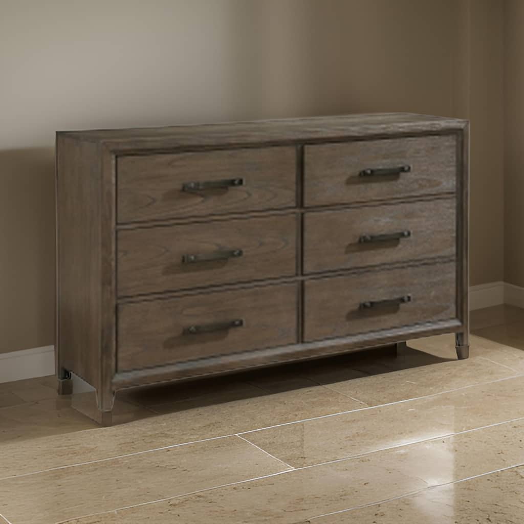 Wyn 62 Inch Wide Dresser, 6 Drawers, Nickel Handles, Brushed Walnut Brown