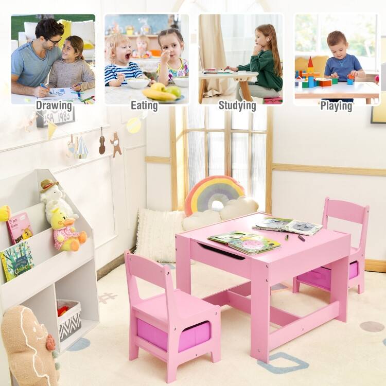 Kids Table Chairs Set With Storage Boxes Blackboard Whiteboard Drawing - 24.5" x 24.5" x 19"