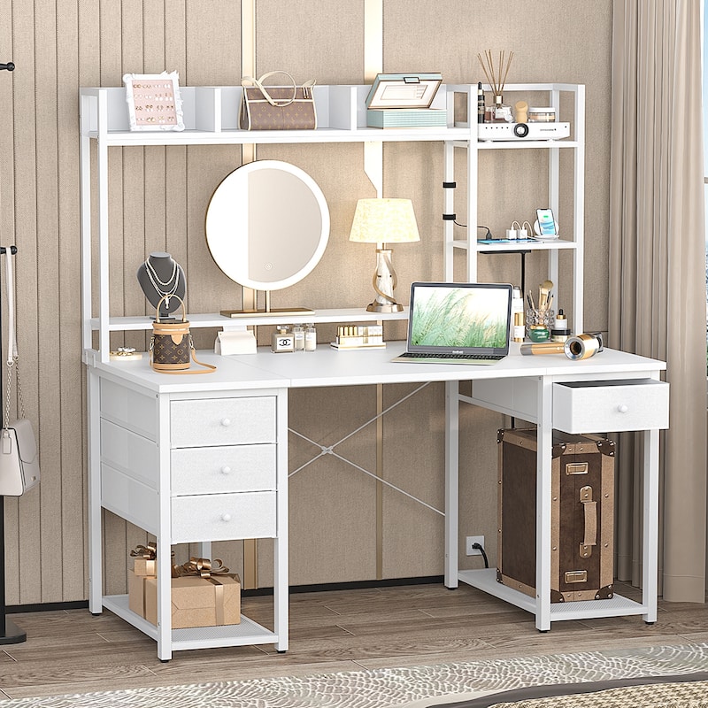 Gaming Desk with Hutch and Drawers, Office Computer Desk with Charge Station and LED Light - 47'' - White