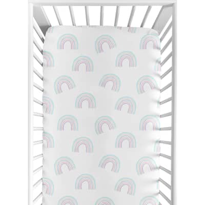 Pastel Rainbow Collection Girl Fitted Crib Sheet - Blush Pink, Purple, Teal, Blue and White
