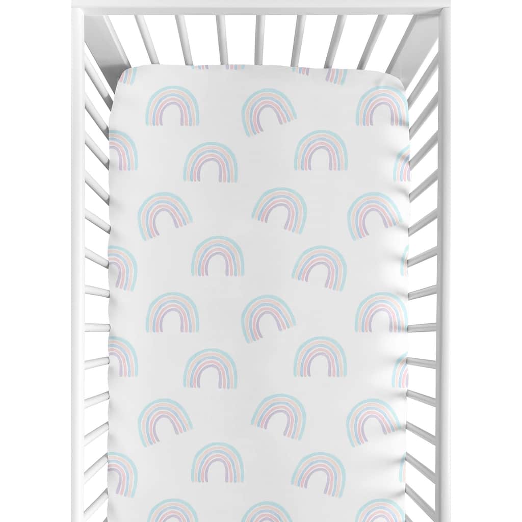 Pastel Rainbow Collection Girl Fitted Crib Sheet - Blush Pink, Purple, Teal, Blue and White