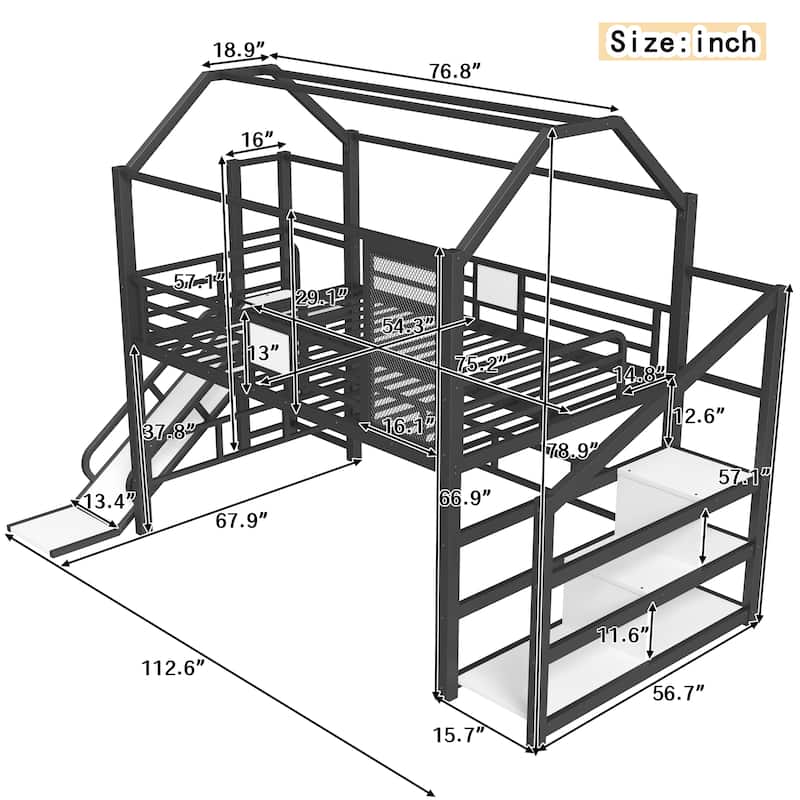 Fun Play House-shaped Loft Bed Metal Bed Frame with Grid and Shelves