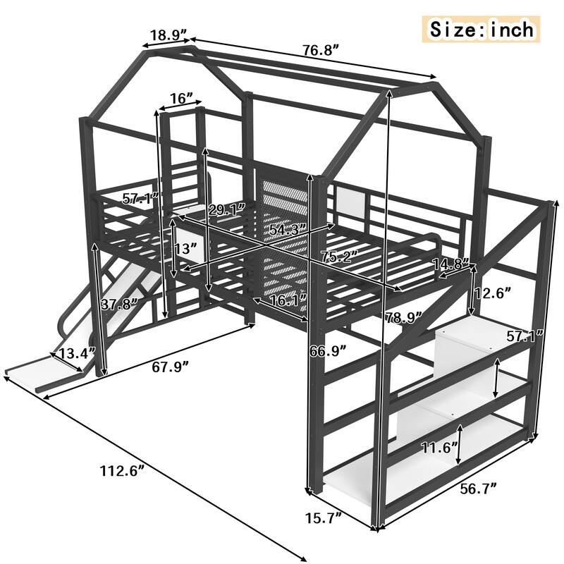 Roomfitters House Loft Bed with Slide and Stairs, Metal Playhouse Frame with Storage Shelves