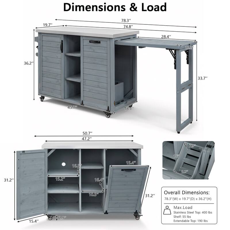 78.3" Outdoor Kitchen Island with Foldable Grill Table, Solid Wood BBQ Cart with Trash Storage & Stainless Steel Top