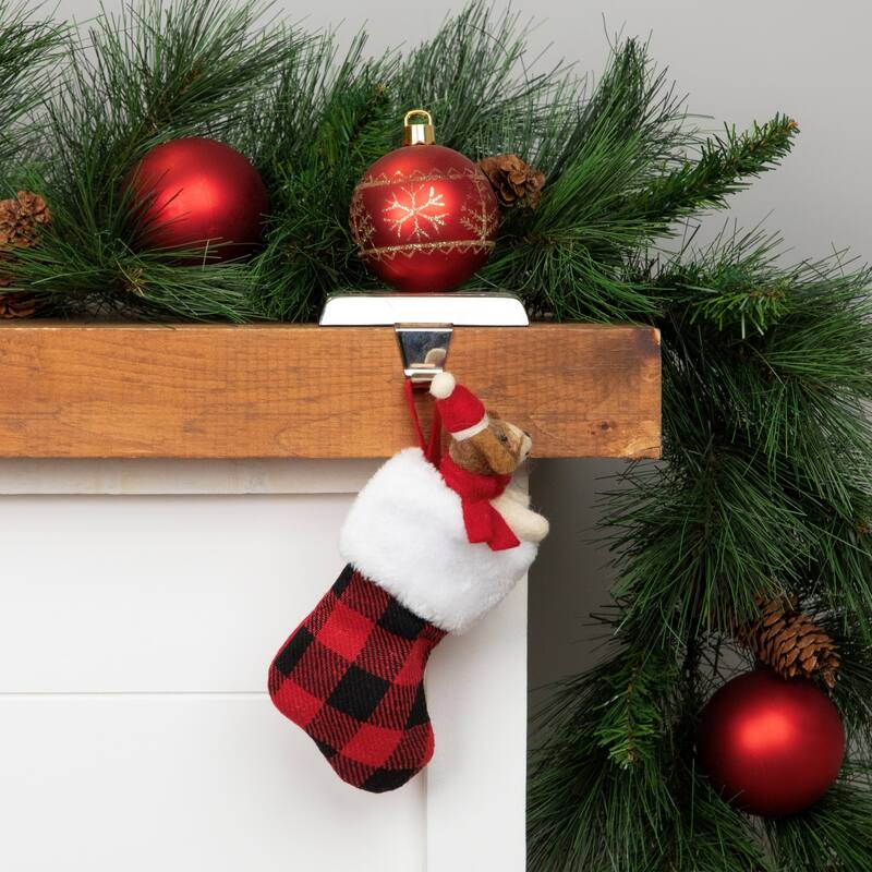 7" Red and Black Plaid Print Christmas Stocking with Faux Fur Cuff