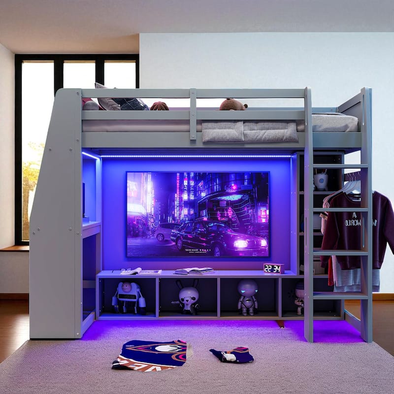Twin/Full Size Gray Gaming Loft Bed with Desk, Storage Cabinets, LED Lighting & Hanging Clothes Rack