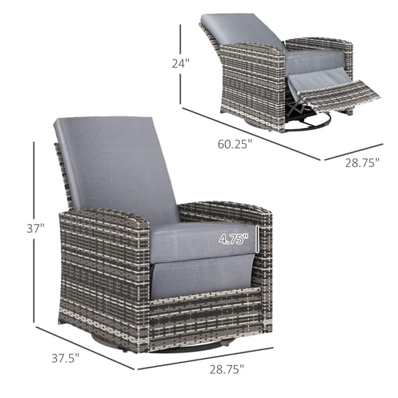 Grey Steel PE Rattan Outdoor Swivel Recliner Rocking Chair with Cushions - 28.75" L x 37.5" W x 37" H
