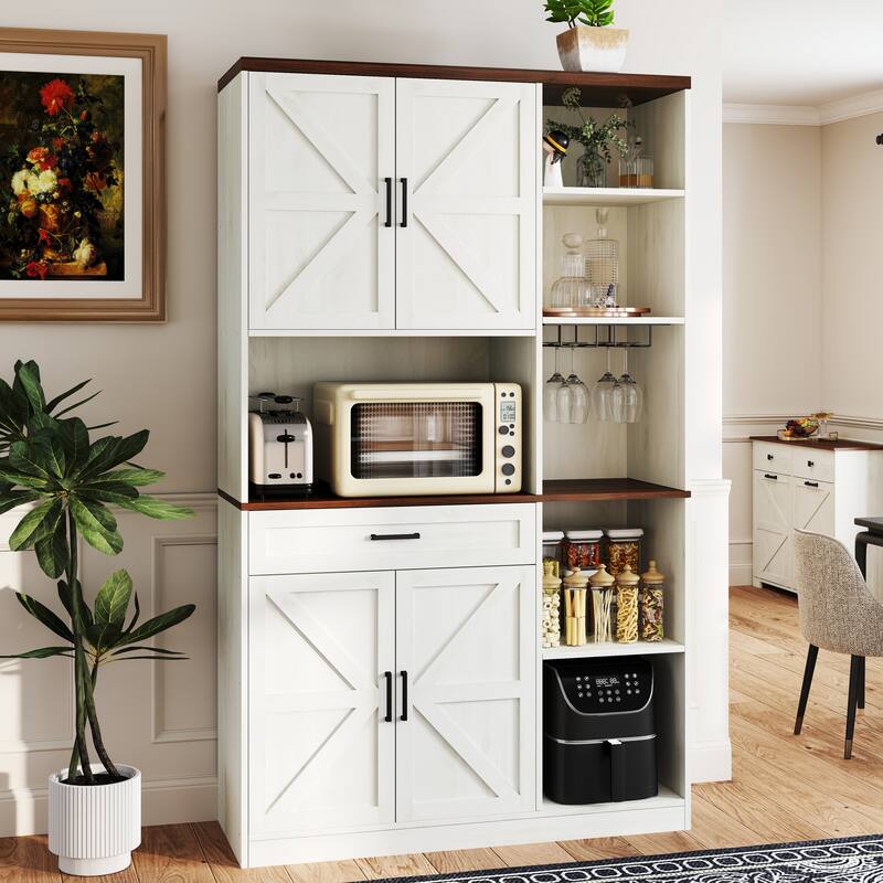 GDFStudio - Elsie 71" Farmhouse Kitchen Pantry Sideboard with Hutch, Drawer, Glass Holder & Charging Station