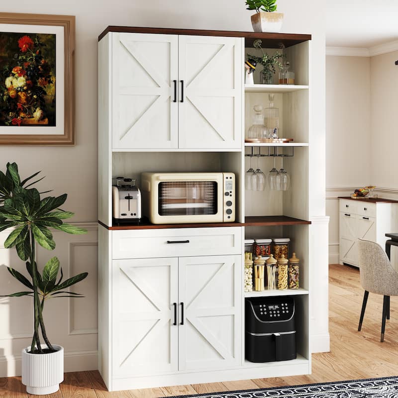 Kitchen Sideboard with Charging Station, Multifunctional Buffet Cabinet with Glass Holder, 1 Drawer & 5 Adjustable Shelves