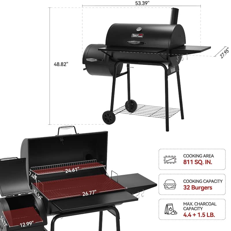 Royal Gourmet CC1830S Charcoal Grill with Offset Smoker,Black