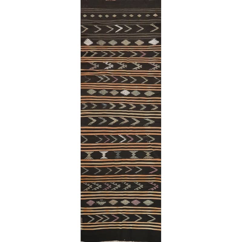 Hand Woven Oriental 100% Wool Carpet Southwestern Tribal Black Kilim Runner Rug - 11' 9'' X 3' 2''