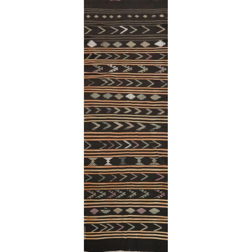 Hand Woven Oriental 100% Wool Carpet Southwestern Tribal Black Kilim Runner Rug - 11' 9'' X 3' 2''