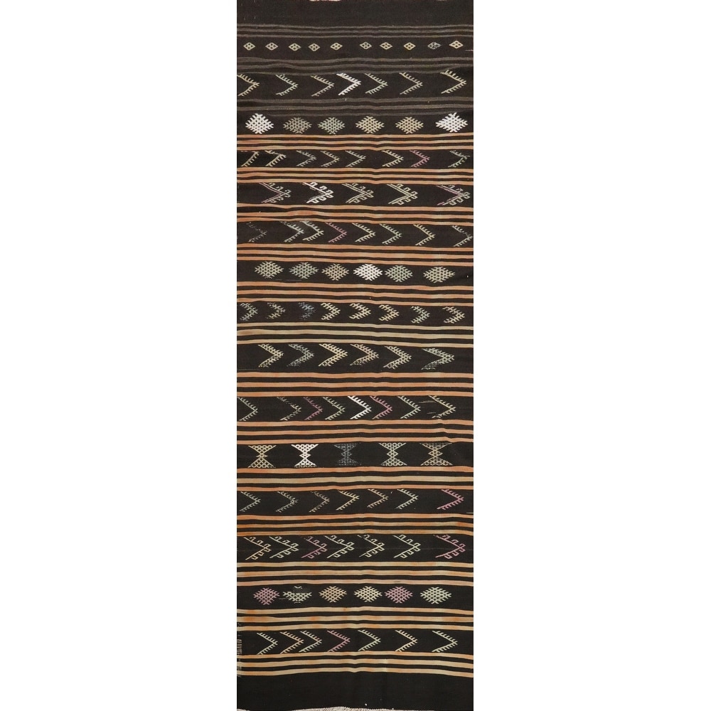 Hand Woven Oriental 100% Wool Carpet Southwestern Tribal Black Kilim Runner Rug - 11' 9'' X 3' 2''