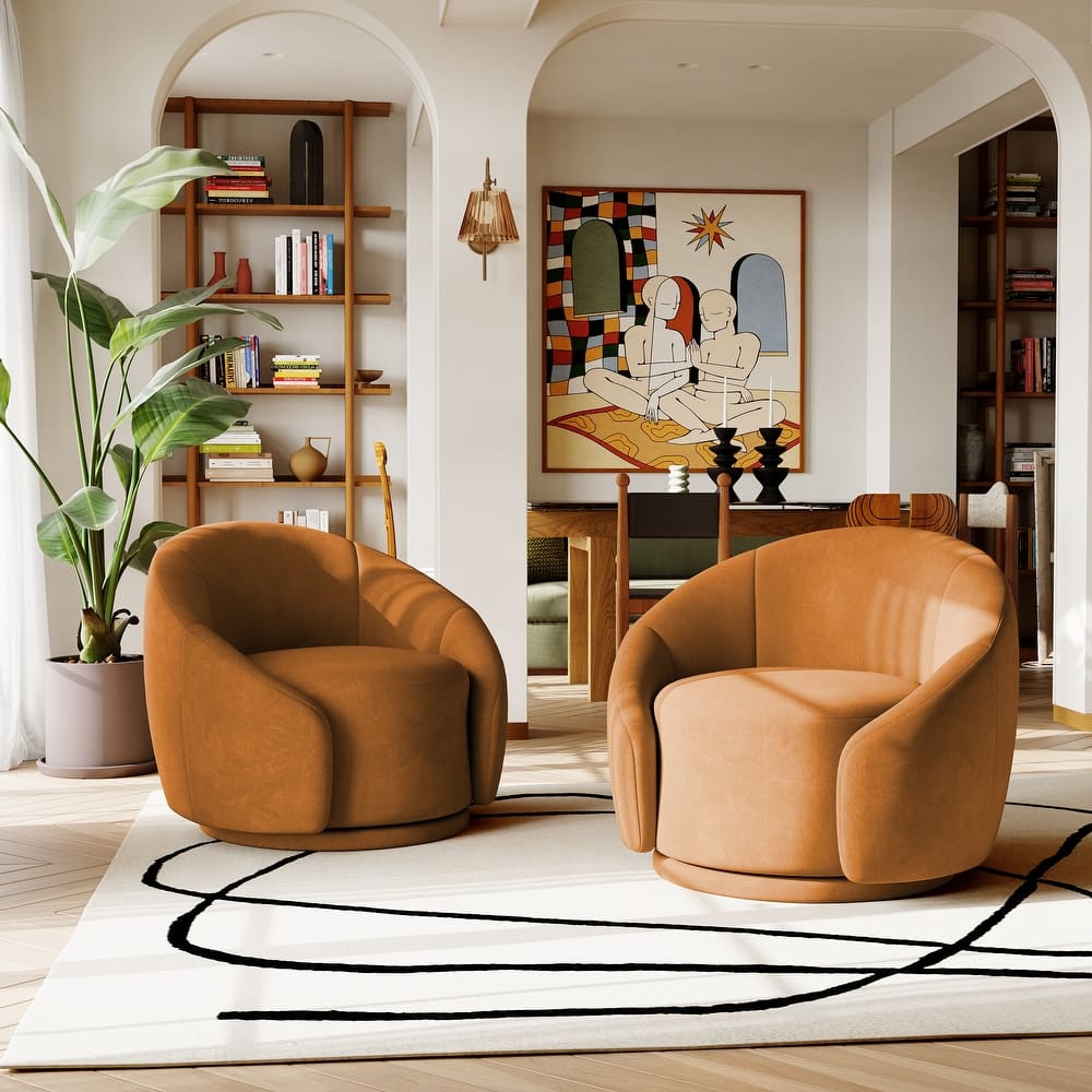 35" Wide 2 Set Velvet/ Boucle Barrel Swivel Chair