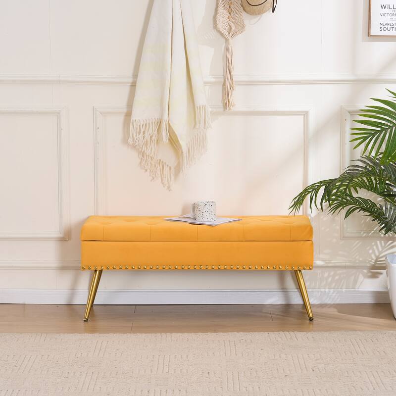 Velvet Storage Ottoman Bench with gold legs and Nailhead Trim for Bedroom/End of Bed/Entryway/Window