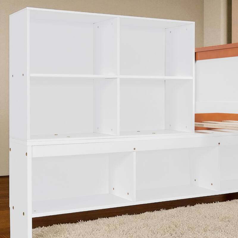 Twin Over Full Wooden Bunk Bed with Wardrobe, Drawers, Shelves & LED Light, White and Orange Finish