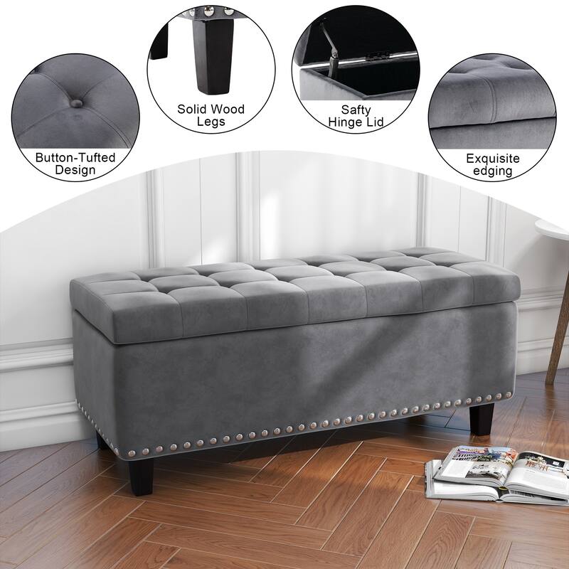 Modern Velvet Button Tufted Rectangle Storage Ottoman