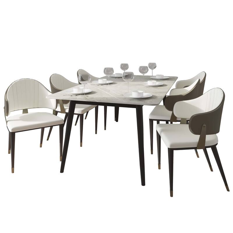 Zayle 7-Piece Dining Set 55-Inch Sintered Stone Tabletop Dining Table and 6 Arm Chairs - Taupe