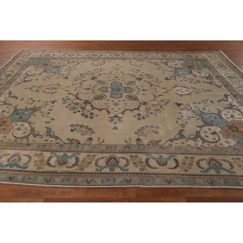 Tabriz Persian Vintage Area Rug Hand-Knotted Beige Wool Carpet - 9'6"x 12'5"