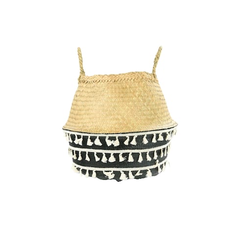 Beige & Black Natural Seagrass Collapsible Basket with Handles & White Tassels