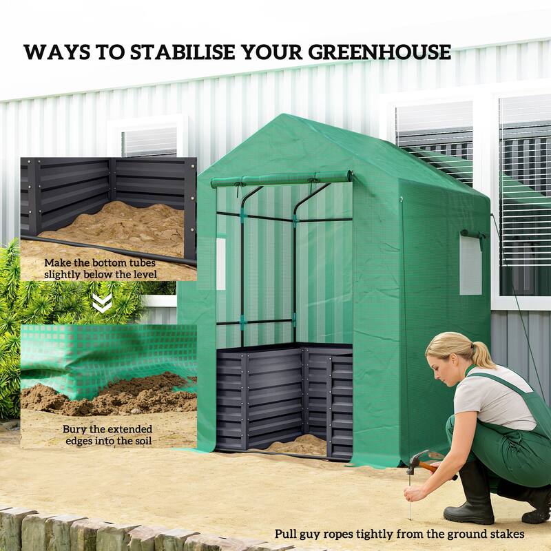 Outsunny Greenhouse with Raised Garden Bed, 56" x 56" x 75" Galvanized Steel Planter Box with PE Cover