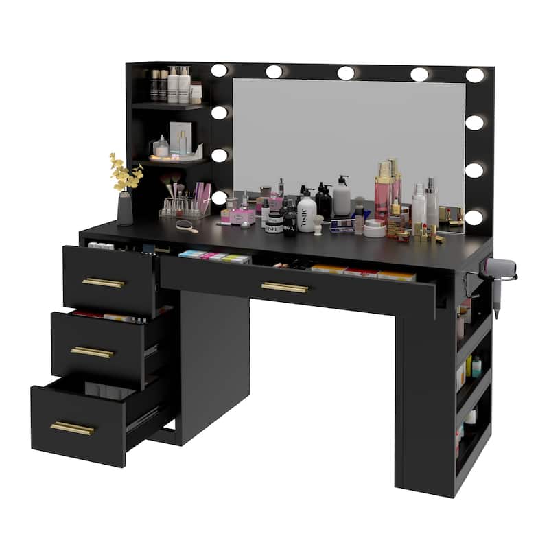 Moasis 40" Makeup Vanity with Mirror and Lighted ,Vanity Table with Power Outlet and 4 Drawers & Storage Shelves
