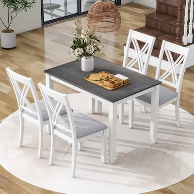 Grey 5-Piece Wooden Dining Table Set with 4 X-Back Chairs