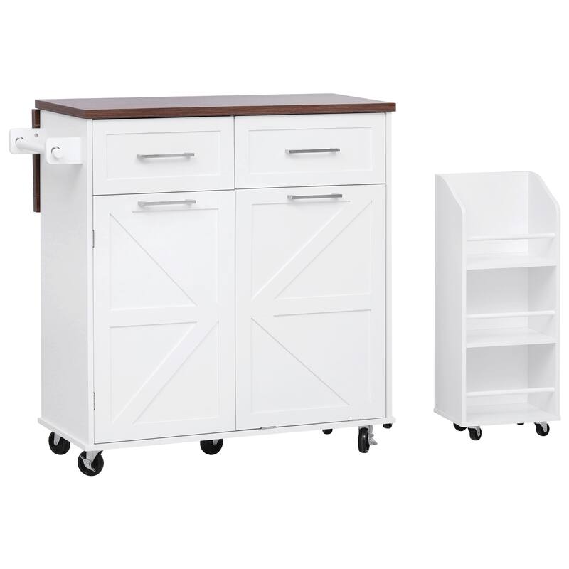 Roomfitters 47.2" Farmhouse Kitchen Island with Drop Leaf, Tilt Trash Can Cabinet, Removable Mobile Side Racks