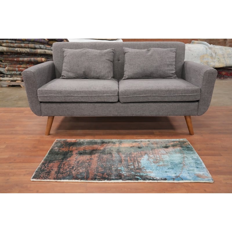 Hand Knotted Oriental Viscose Silk Carpet Modern Abstract Multi-Colored Abstract Area Rug - 4' 0'' X 2' 0''