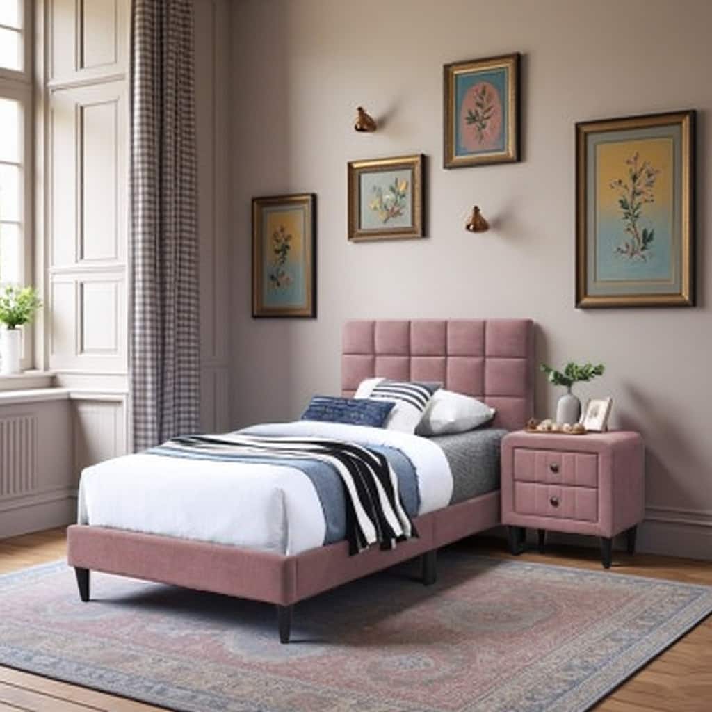 Twin Bed with Adjustable Headboard, Brushed Linen Fabric, Biscuit Tufting, 12-Slat Support System, No Box Spring Needed