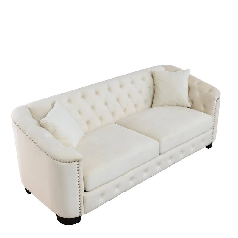 Beige Chesterfield Sleeper Loveseat w/ Nailhead Trim Arms Sofa Bed