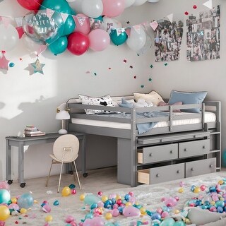 Full Size Wooden Loft Bed with Shelves, Desk and 4 Drawers, Grey