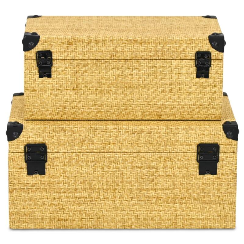 HomeRoots Set of Two Natural And Black Faux Rattan Nesting Storage Boxes With Lids